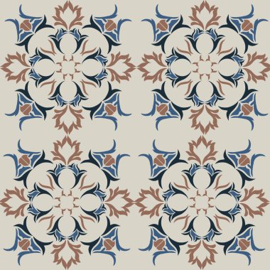 Klasik seramik ve Akdeniz dekoratif tasarımından esinlenilmiş çiçek ve geometrik motiflerle süslenmiş dünyevi, pürüzsüz bir fayans deseni. Duvar kağıdı, tekstil, kumaş için uygun