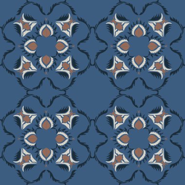 Klasik seramik ve Akdeniz dekoratif tasarımından esinlenilmiş çiçek ve geometrik motiflerle süslenmiş dünyevi, pürüzsüz bir fayans deseni. Duvar kağıdı, tekstil, kumaş için uygun