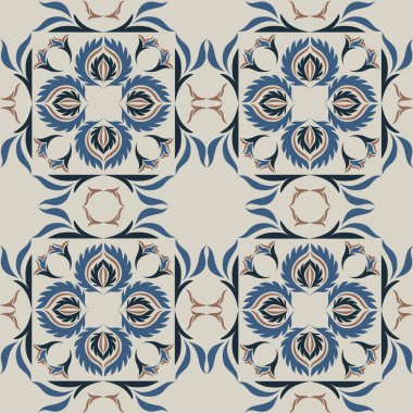 Klasik seramik ve Akdeniz dekoratif tasarımından esinlenilmiş çiçek ve geometrik motiflerle süslenmiş dünyevi, pürüzsüz bir fayans deseni. Duvar kağıdı, tekstil, kumaş için uygun