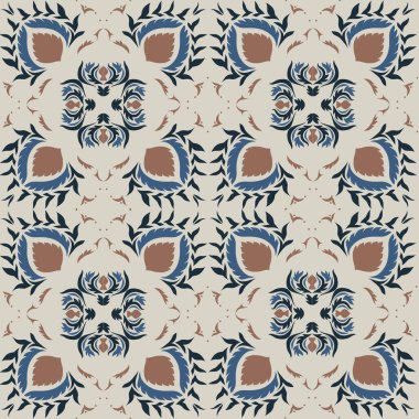 Klasik seramik ve Akdeniz dekoratif tasarımından esinlenilmiş çiçek ve geometrik motiflerle süslenmiş dünyevi, pürüzsüz bir fayans deseni. Duvar kağıdı, tekstil, kumaş için uygun