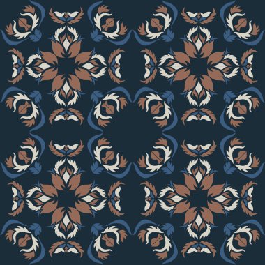 Klasik seramik ve Akdeniz dekoratif tasarımından esinlenilmiş çiçek ve geometrik motiflerle süslenmiş dünyevi, pürüzsüz bir fayans deseni. Duvar kağıdı, tekstil, kumaş için uygun