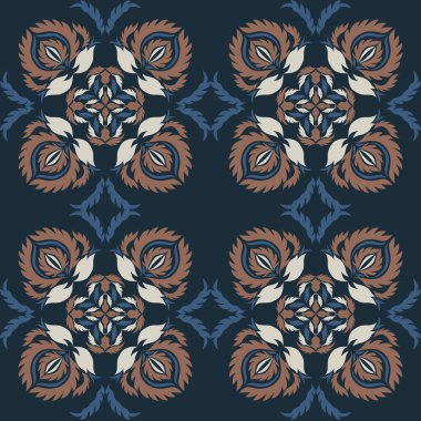 Klasik seramik ve Akdeniz dekoratif tasarımından esinlenilmiş çiçek ve geometrik motiflerle süslenmiş dünyevi, pürüzsüz bir fayans deseni. Duvar kağıdı, tekstil, kumaş için uygun