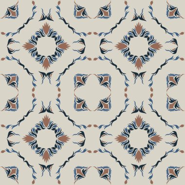 Klasik seramik ve Akdeniz dekoratif tasarımından esinlenilmiş çiçek ve geometrik motiflerle süslenmiş dünyevi, pürüzsüz bir fayans deseni. Duvar kağıdı, tekstil, kumaş için uygun