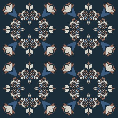 Klasik seramik ve Akdeniz dekoratif tasarımından esinlenilmiş çiçek ve geometrik motiflerle süslenmiş dünyevi, pürüzsüz bir fayans deseni. Duvar kağıdı, tekstil, kumaş için uygun