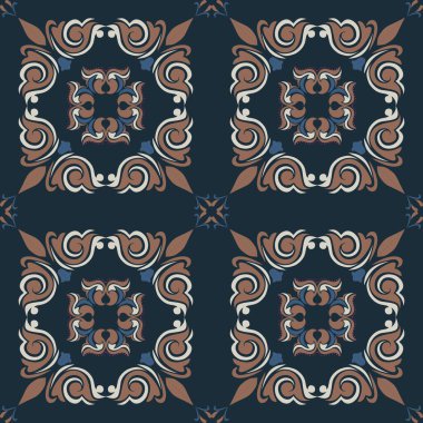 Klasik seramik ve Akdeniz dekoratif tasarımından esinlenilmiş çiçek ve geometrik motiflerle süslenmiş dünyevi, pürüzsüz bir fayans deseni. Duvar kağıdı, tekstil, kumaş için uygun