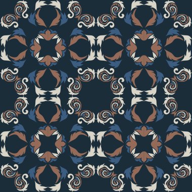 Klasik seramik ve Akdeniz dekoratif tasarımından esinlenilmiş çiçek ve geometrik motiflerle süslenmiş dünyevi, pürüzsüz bir fayans deseni. Duvar kağıdı, tekstil, kumaş için uygun