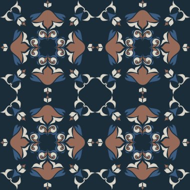 Klasik seramik ve Akdeniz dekoratif tasarımından esinlenilmiş çiçek ve geometrik motiflerle süslenmiş dünyevi, pürüzsüz bir fayans deseni. Duvar kağıdı, tekstil, kumaş için uygun