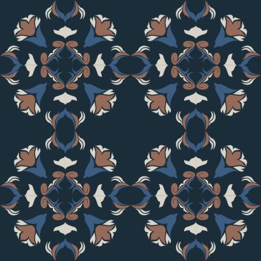 Klasik seramik ve Akdeniz dekoratif tasarımından esinlenilmiş çiçek ve geometrik motiflerle süslenmiş dünyevi, pürüzsüz bir fayans deseni. Duvar kağıdı, tekstil, kumaş için uygun