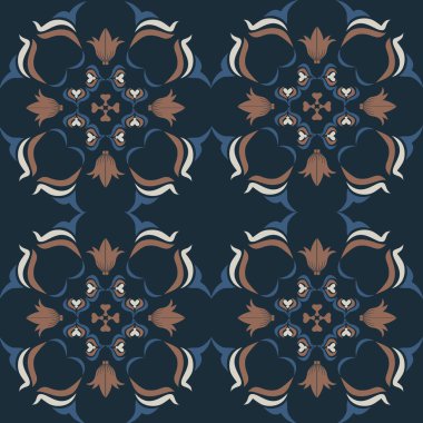 Klasik seramik ve Akdeniz dekoratif tasarımından esinlenilmiş çiçek ve geometrik motiflerle süslenmiş dünyevi, pürüzsüz bir fayans deseni. Duvar kağıdı, tekstil, kumaş için uygun