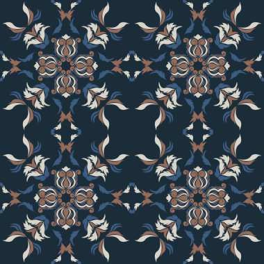 Klasik seramik ve Akdeniz dekoratif tasarımından esinlenilmiş çiçek ve geometrik motiflerle süslenmiş dünyevi, pürüzsüz bir fayans deseni. Duvar kağıdı, tekstil, kumaş için uygun