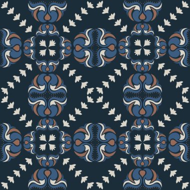 Klasik seramik ve Akdeniz dekoratif tasarımından esinlenilmiş çiçek ve geometrik motiflerle süslenmiş dünyevi, pürüzsüz bir fayans deseni. Duvar kağıdı, tekstil, kumaş için uygun