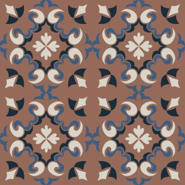 Klasik seramik ve Akdeniz dekoratif tasarımından esinlenilmiş çiçek ve geometrik motiflerle süslenmiş dünyevi, pürüzsüz bir fayans deseni. Duvar kağıdı, tekstil, kumaş, dekor, ambalaj kağıdı ve arka plan için uygundur.