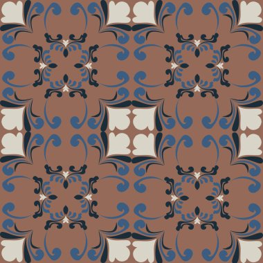 Klasik seramik ve Akdeniz dekoratif tasarımından esinlenilmiş çiçek ve geometrik motiflerle süslenmiş dünyevi, pürüzsüz bir fayans deseni. Duvar kağıdı, tekstil, kumaş, dekor, ambalaj kağıdı ve arka plan için uygundur.