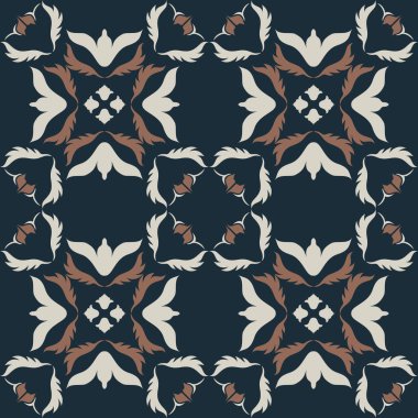 Klasik seramik ve Akdeniz dekoratif tasarımından esinlenilmiş çiçek ve geometrik motiflerle süslenmiş dünyevi, pürüzsüz bir fayans deseni. Duvar kağıdı, tekstil, kumaş, ev dekorasyonu, ambalaj kağıdı, arkaplan, yüzey deseni tasarımı için uygun