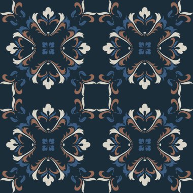 Klasik seramik ve Akdeniz dekoratif tasarımından esinlenilmiş çiçek ve geometrik motiflerle süslenmiş dünyevi, pürüzsüz bir fayans deseni. Duvar kağıdı, tekstil, kumaş, ev dekorasyonu, ambalaj kağıdı, arkaplan, yüzey deseni tasarımı için uygun