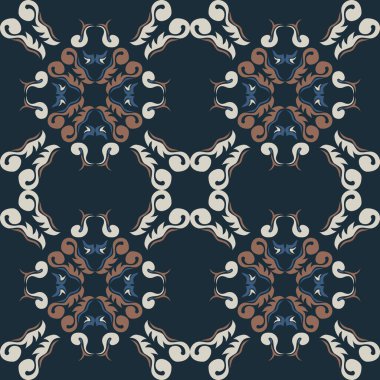 Klasik seramik ve Akdeniz dekoratif tasarımından esinlenilmiş çiçek ve geometrik motiflerle süslenmiş dünyevi, pürüzsüz bir fayans deseni. Duvar kağıdı, tekstil, kumaş, ev dekorasyonu, ambalaj kağıdı, arkaplan, yüzey deseni tasarımı için uygun