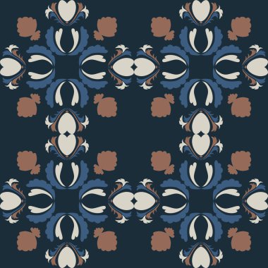 Klasik seramik ve Akdeniz dekoratif tasarımından esinlenilmiş çiçek ve geometrik motiflerle süslenmiş dünyevi, pürüzsüz bir fayans deseni. Duvar kağıdı, tekstil, kumaş, ev dekorasyonu, ambalaj kağıdı, arkaplan, yüzey deseni tasarımı için uygun