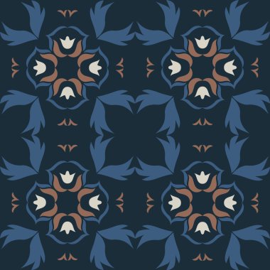 Klasik seramik ve Akdeniz dekoratif tasarımından esinlenilmiş çiçek ve geometrik motiflerle süslenmiş dünyevi, pürüzsüz bir fayans deseni. Duvar kağıdı, tekstil, kumaş, ev dekorasyonu, ambalaj kağıdı, arkaplan, yüzey deseni tasarımı için uygun