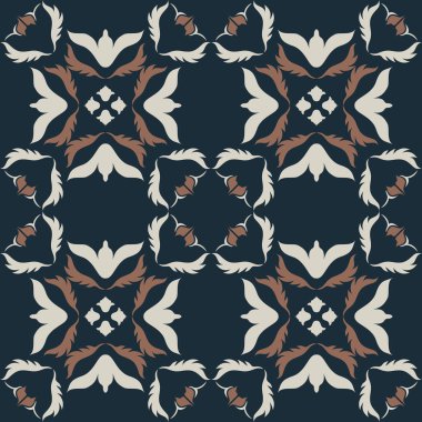 Klasik seramik ve Akdeniz dekoratif tasarımından esinlenilmiş çiçek ve geometrik motiflerle süslenmiş dünyevi, pürüzsüz bir fayans deseni. Duvar kağıdı, tekstil, kumaş, ev dekorasyonu, ambalaj kağıdı, arkaplan, yüzey deseni tasarımı için uygun