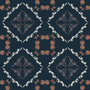 Klasik seramik ve Akdeniz dekoratif tasarımından esinlenilmiş çiçek ve geometrik motiflerle süslenmiş dünyevi, pürüzsüz bir fayans deseni. Duvar kağıdı, tekstil, kumaş, ev dekorasyonu, ambalaj kağıdı, arkaplan, yüzey deseni tasarımı için uygun