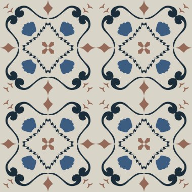 Klasik seramik ve Akdeniz dekoratif tasarımından esinlenilmiş çiçek ve geometrik motiflerle süslenmiş dünyevi, pürüzsüz bir fayans deseni. Duvar kağıdı, tekstil, kumaş, ev dekorasyonu, ambalaj kağıdı, arkaplan, yüzey deseni tasarımı için uygun