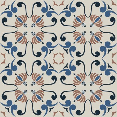 Klasik seramik ve Akdeniz dekoratif tasarımından esinlenilmiş çiçek ve geometrik motiflerle süslenmiş dünyevi, pürüzsüz bir fayans deseni. Duvar kağıdı, tekstil, kumaş, ev dekorasyonu, ambalaj kağıdı, arkaplan, yüzey deseni tasarımı için uygun