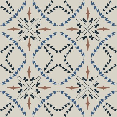 Klasik seramik ve Akdeniz dekoratif tasarımından esinlenilmiş çiçek ve geometrik motiflerle süslenmiş dünyevi, pürüzsüz bir fayans deseni. Duvar kağıdı, tekstil, kumaş, ev dekorasyonu, ambalaj kağıdı, arkaplan, yüzey deseni tasarımı için uygun