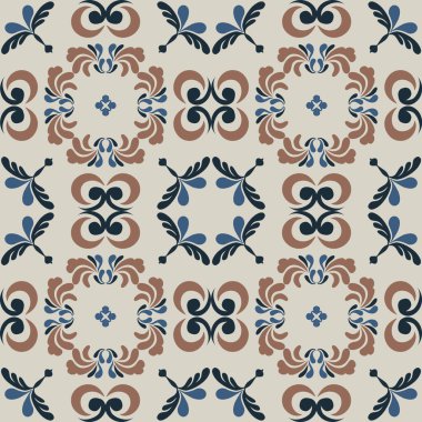 Klasik seramik ve Akdeniz dekoratif tasarımından esinlenilmiş çiçek ve geometrik motiflerle süslenmiş dünyevi, pürüzsüz bir fayans deseni. Duvar kağıdı, tekstil, kumaş, ev dekorasyonu, ambalaj kağıdı, arkaplan, yüzey deseni tasarımı için uygun