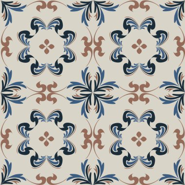 Klasik seramik ve Akdeniz dekoratif tasarımından esinlenilmiş çiçek ve geometrik motiflerle süslenmiş dünyevi, pürüzsüz bir fayans deseni. Duvar kağıdı, tekstil, kumaş, ev dekorasyonu, ambalaj kağıdı, arkaplan, yüzey deseni tasarımı için uygun