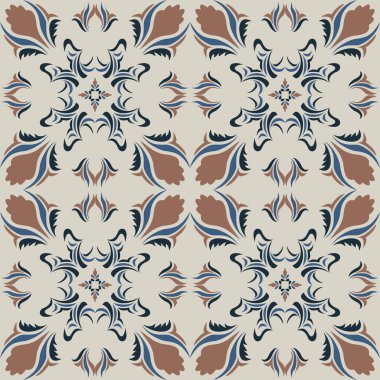 Klasik seramik ve Akdeniz dekoratif tasarımından esinlenilmiş çiçek ve geometrik motiflerle süslenmiş dünyevi, pürüzsüz bir fayans deseni. Duvar kağıdı, tekstil, kumaş, ev dekorasyonu, ambalaj kağıdı, arkaplan, yüzey deseni tasarımı için uygun