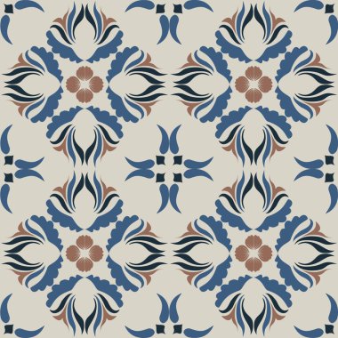 Klasik seramik ve Akdeniz dekoratif tasarımından esinlenilmiş çiçek ve geometrik motiflerle süslenmiş dünyevi, pürüzsüz bir fayans deseni. Duvar kağıdı, tekstil, kumaş, ev dekorasyonu, ambalaj kağıdı, arkaplan, yüzey deseni tasarımı için uygun