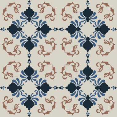 Klasik seramik ve Akdeniz dekoratif tasarımından esinlenilmiş çiçek ve geometrik motiflerle süslenmiş dünyevi, pürüzsüz bir fayans deseni. Duvar kağıdı, tekstil, kumaş, ev dekorasyonu, ambalaj kağıdı, arkaplan, yüzey deseni tasarımı için uygun