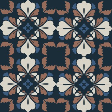 Klasik seramik ve Akdeniz dekoratif tasarımından esinlenilmiş çiçek ve geometrik motiflerle süslenmiş dünyevi, pürüzsüz bir fayans deseni. Duvar kağıdı, tekstil, kumaş, ev dekorasyonu, ambalaj kağıdı, arkaplan, yüzey deseni tasarımı için uygun