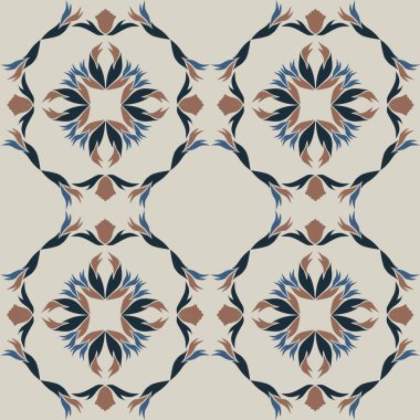 Klasik seramik ve Akdeniz dekoratif tasarımından esinlenilmiş çiçek ve geometrik motiflerle süslenmiş dünyevi, pürüzsüz bir fayans deseni. Duvar kağıdı, tekstil, kumaş, ev dekorasyonu, ambalaj kağıdı, arkaplan, yüzey deseni tasarımı için uygun