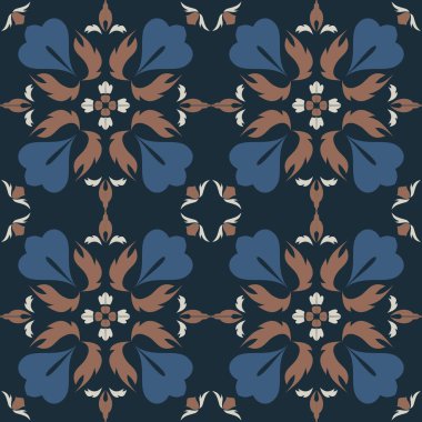 Klasik seramik ve Akdeniz dekoratif tasarımından esinlenilmiş çiçek ve geometrik motiflerle süslenmiş dünyevi, pürüzsüz bir fayans deseni. Duvar kağıdı, tekstil, kumaş, ev dekorasyonu, ambalaj kağıdı, arkaplan, yüzey deseni tasarımı için uygun