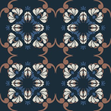 Klasik seramik ve Akdeniz dekoratif tasarımından esinlenilmiş çiçek ve geometrik motiflerle süslenmiş dünyevi, pürüzsüz bir fayans deseni. Duvar kağıdı, tekstil, kumaş, ev dekorasyonu, ambalaj kağıdı, arkaplan, yüzey deseni tasarımı için uygun