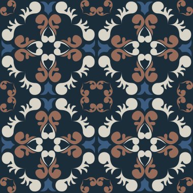 Klasik seramik ve Akdeniz dekoratif tasarımından esinlenilmiş çiçek ve geometrik motiflerle süslenmiş dünyevi, pürüzsüz bir fayans deseni. Duvar kağıdı, tekstil, kumaş, ev dekorasyonu, ambalaj kağıdı, arkaplan, yüzey deseni tasarımı için uygun