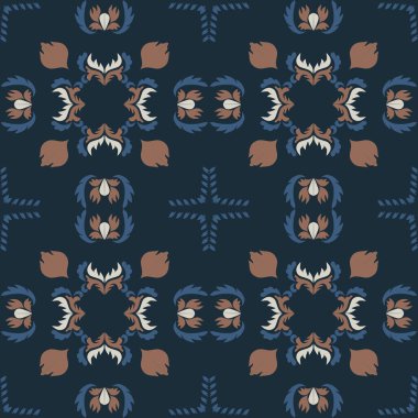 Klasik seramik ve Akdeniz dekoratif tasarımından esinlenilmiş çiçek ve geometrik motiflerle süslenmiş dünyevi, pürüzsüz bir fayans deseni. Duvar kağıdı, tekstil, kumaş, ev dekorasyonu, ambalaj kağıdı, arkaplan, yüzey deseni tasarımı için uygun