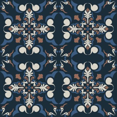 Klasik seramik ve Akdeniz dekoratif tasarımından esinlenilmiş çiçek ve geometrik motiflerle süslenmiş dünyevi, pürüzsüz bir fayans deseni. Duvar kağıdı, tekstil, kumaş, ev dekorasyonu, ambalaj kağıdı, arkaplan, yüzey deseni tasarımı için uygun