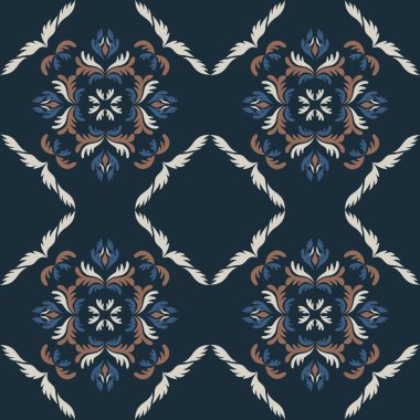 Klasik seramik ve Akdeniz dekoratif tasarımından esinlenilmiş çiçek ve geometrik motiflerle süslenmiş dünyevi, pürüzsüz bir fayans deseni. Duvar kağıdı, tekstil, kumaş, ev dekorasyonu, ambalaj kağıdı, arkaplan, yüzey deseni tasarımı için uygun