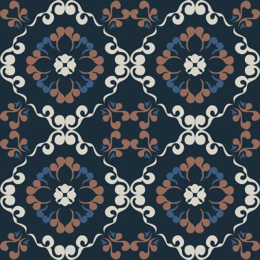 Klasik seramik ve Akdeniz dekoratif tasarımından esinlenilmiş çiçek ve geometrik motiflerle süslenmiş dünyevi, pürüzsüz bir fayans deseni. Duvar kağıdı, tekstil, kumaş, ev dekorasyonu, ambalaj kağıdı, arkaplan, yüzey deseni tasarımı için uygun