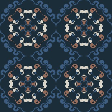 Klasik seramik ve Akdeniz dekoratif tasarımından esinlenilmiş çiçek ve geometrik motiflerle süslenmiş dünyevi, pürüzsüz bir fayans deseni. Duvar kağıdı, tekstil, kumaş, ev dekorasyonu, ambalaj kağıdı, arkaplan, yüzey deseni tasarımı için uygun