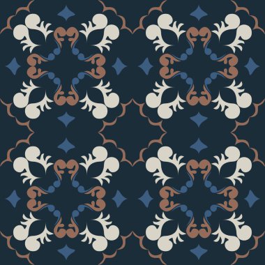 Klasik seramik ve Akdeniz dekoratif tasarımından esinlenilmiş çiçek ve geometrik motiflerle süslenmiş dünyevi, pürüzsüz bir fayans deseni. Duvar kağıdı, tekstil, kumaş, ev dekorasyonu, ambalaj kağıdı, arkaplan, yüzey deseni tasarımı için uygun