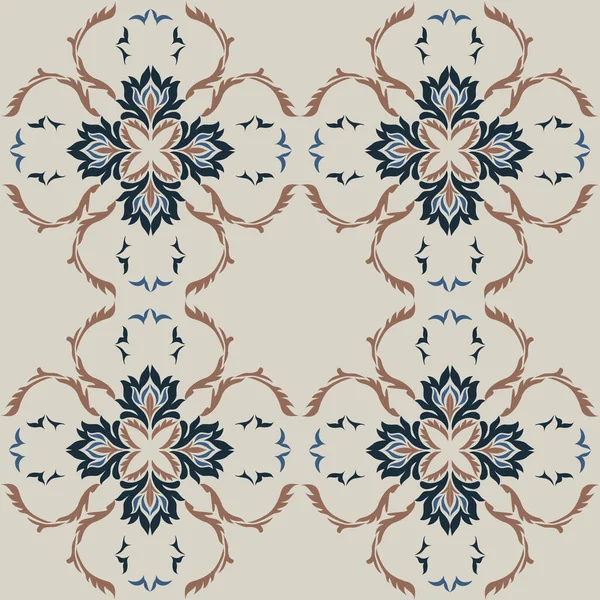 Klasik seramik ve Akdeniz dekoratif tasarımından esinlenilmiş çiçek ve geometrik motiflerle süslenmiş dünyevi, pürüzsüz bir fayans deseni. Duvar kağıdı, tekstil, kumaş için uygun