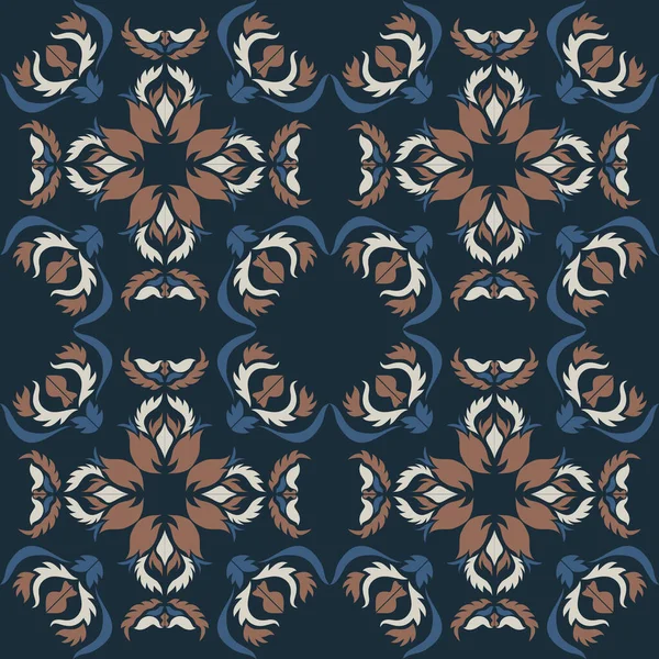 Klasik seramik ve Akdeniz dekoratif tasarımından esinlenilmiş çiçek ve geometrik motiflerle süslenmiş dünyevi, pürüzsüz bir fayans deseni. Duvar kağıdı, tekstil, kumaş için uygun