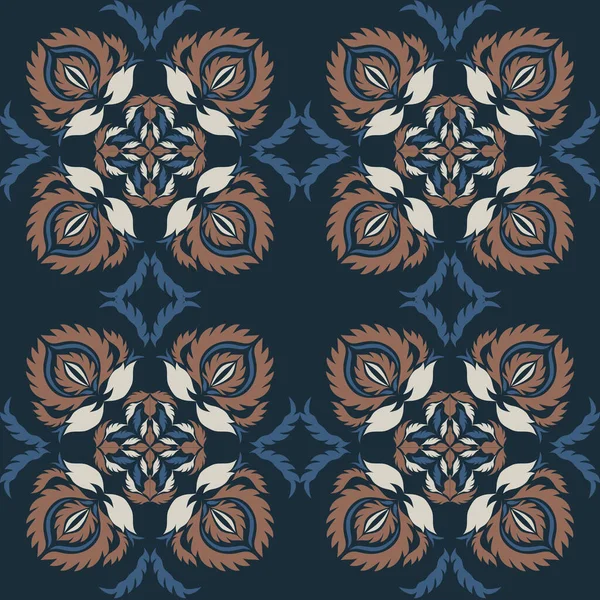 Klasik seramik ve Akdeniz dekoratif tasarımından esinlenilmiş çiçek ve geometrik motiflerle süslenmiş dünyevi, pürüzsüz bir fayans deseni. Duvar kağıdı, tekstil, kumaş için uygun