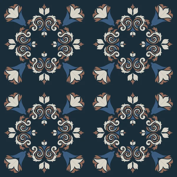 Klasik seramik ve Akdeniz dekoratif tasarımından esinlenilmiş çiçek ve geometrik motiflerle süslenmiş dünyevi, pürüzsüz bir fayans deseni. Duvar kağıdı, tekstil, kumaş için uygun