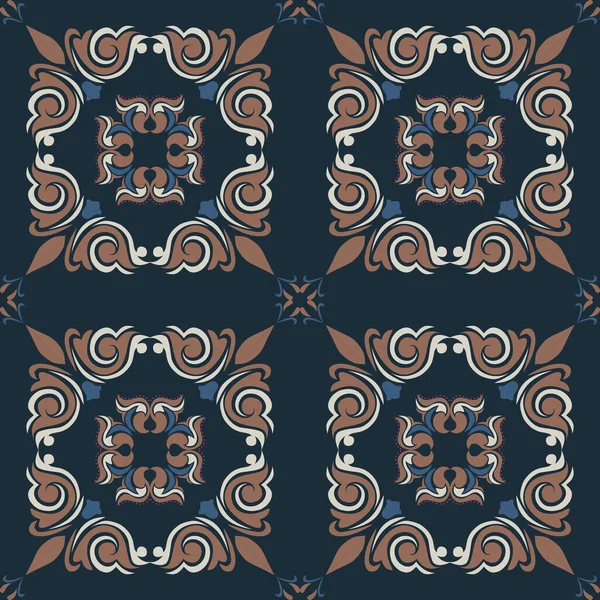 Klasik seramik ve Akdeniz dekoratif tasarımından esinlenilmiş çiçek ve geometrik motiflerle süslenmiş dünyevi, pürüzsüz bir fayans deseni. Duvar kağıdı, tekstil, kumaş için uygun