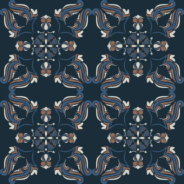 Klasik seramik ve Akdeniz dekoratif tasarımından esinlenilmiş çiçek ve geometrik motiflerle süslenmiş dünyevi, pürüzsüz bir fayans deseni. Duvar kağıdı, tekstil, kumaş için uygun