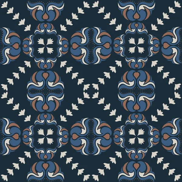 Klasik seramik ve Akdeniz dekoratif tasarımından esinlenilmiş çiçek ve geometrik motiflerle süslenmiş dünyevi, pürüzsüz bir fayans deseni. Duvar kağıdı, tekstil, kumaş için uygun